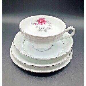 Vintage Queen Rose China #18011 MCM Japan Tea Serving Set 4 pc Platinum Trim